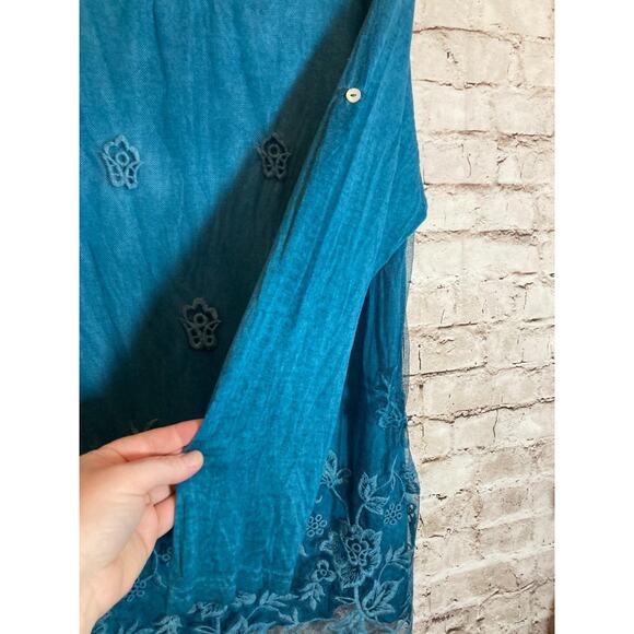 Fantazia Tunic Top Womens XL Teal Blue Distress Wash Embroidered Linen Blend - Picture 2 of 12